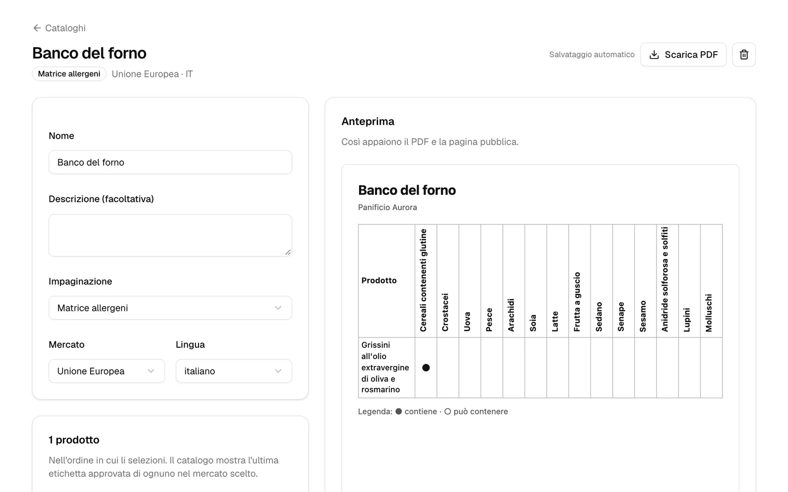 Un catalogo con la matrice degli allergeni dei prodotti approvati.